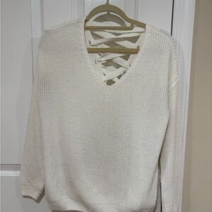 Miss Selfridge Cream V-Neck Sweater with Crisscross Back